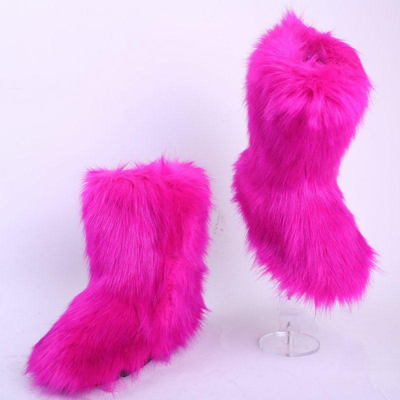 Ladies Outdoor Snow Boots Imitation Fox Hair Wool And Cotton Boot