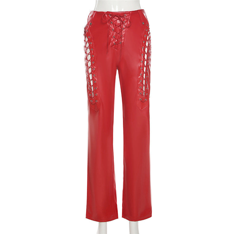 Fashion Trend Women'S New High-Waisted Hollow Straps Straight Leggings Slim Slimming Leather Pants