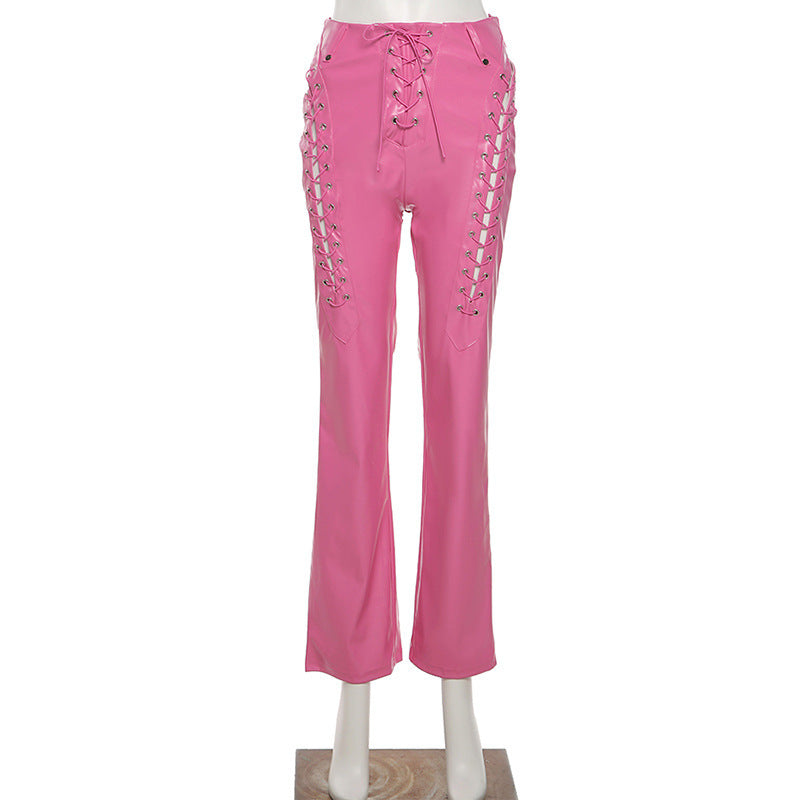 Fashion Trend Women'S New High-Waisted Hollow Straps Straight Leggings Slim Slimming Leather Pants