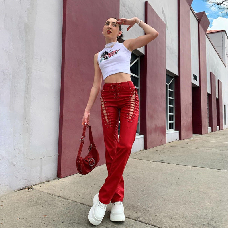 Fashion Trend Women'S New High-Waisted Hollow Straps Straight Leggings Slim Slimming Leather Pants