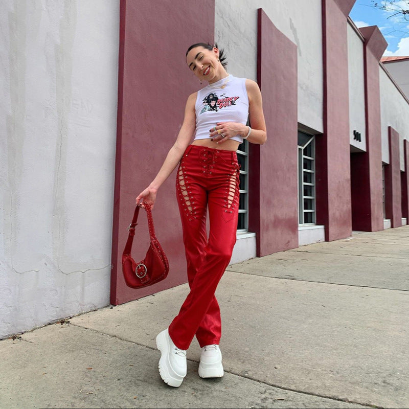 Fashion Trend Women'S New High-Waisted Hollow Straps Straight Leggings Slim Slimming Leather Pants