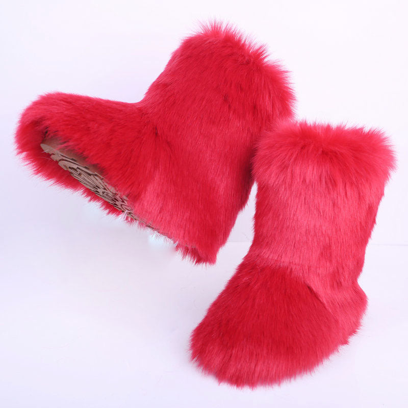 Ladies Outdoor Snow Boots Imitation Fox Hair Wool And Cotton Boot