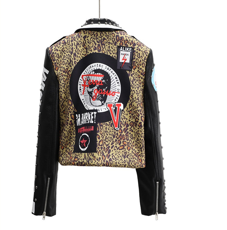 Women's European And American Fashion Print Short Leather Jacket