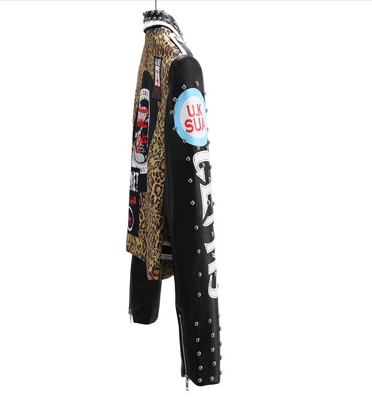 Women's European And American Fashion Print Short Leather Jacket