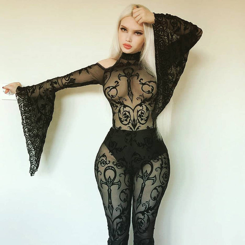 Triangle Jumpsuit Europe And The United States Lace Mesh Trumpet Sleeves