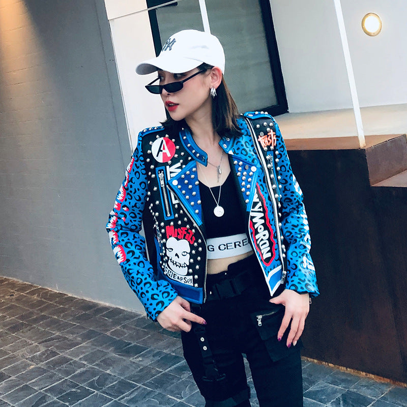 Graffiti Print Rivet Slim Cropped Leather Jacket