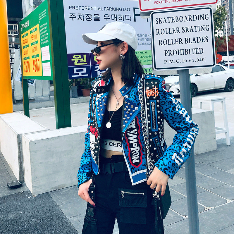 Graffiti Print Rivet Slim Cropped Leather Jacket