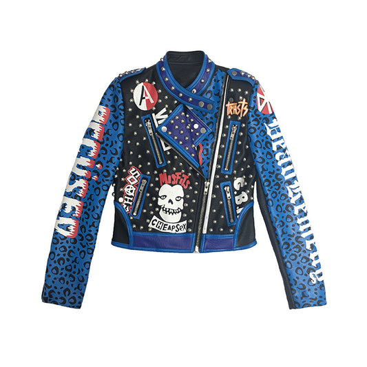 Graffiti Print Rivet Slim Cropped Leather Jacket