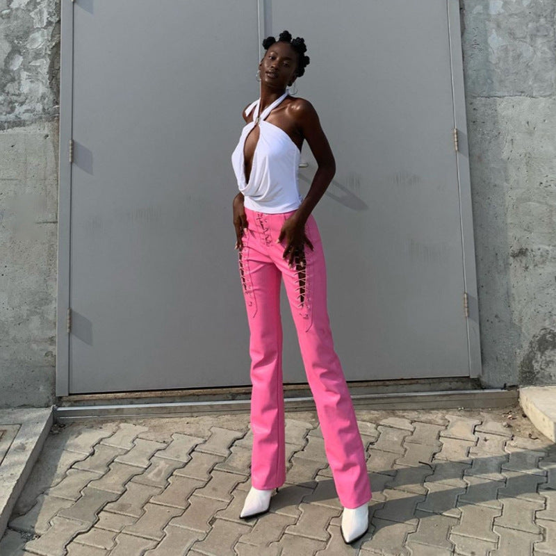 Fashion Trend Women'S New High-Waisted Hollow Straps Straight Leggings Slim Slimming Leather Pants