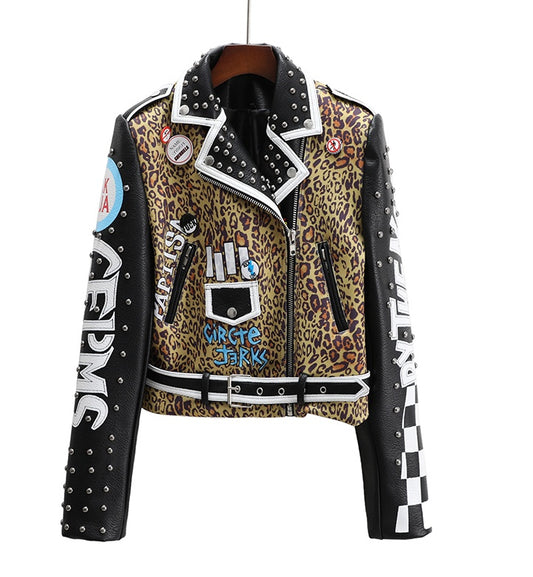 Women's European And American Fashion Print Short Leather Jacket