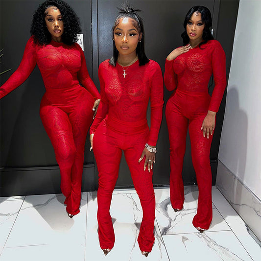 Lace Hollow Out See-through Jumpsuit Trousers Suit