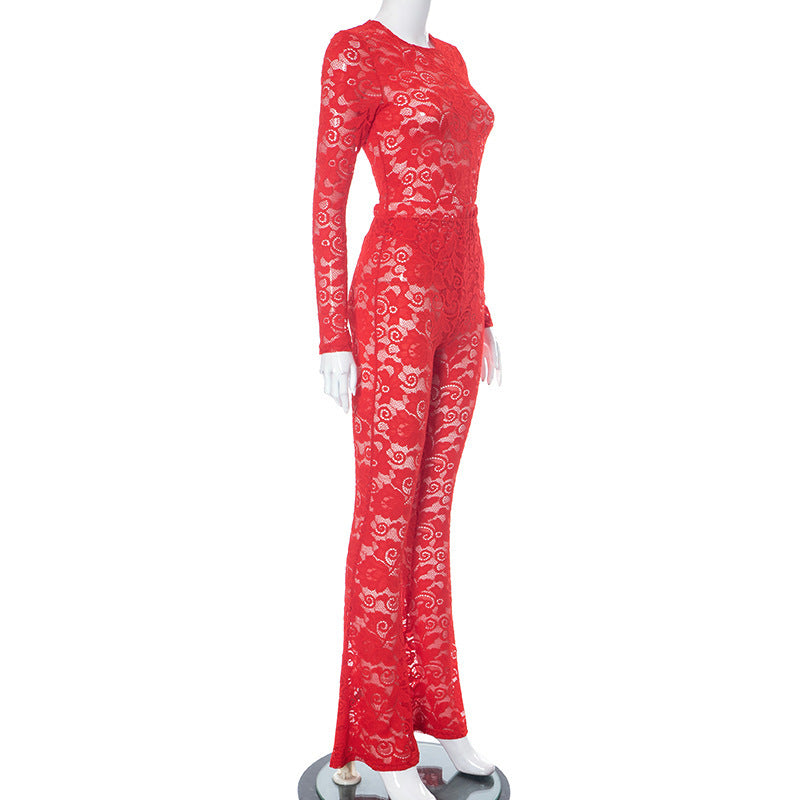 Lace Hollow Out See-through Jumpsuit Trousers Suit