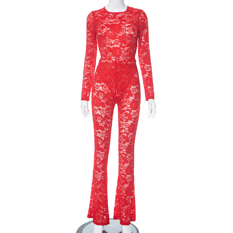 Lace Hollow Out See-through Jumpsuit Trousers Suit