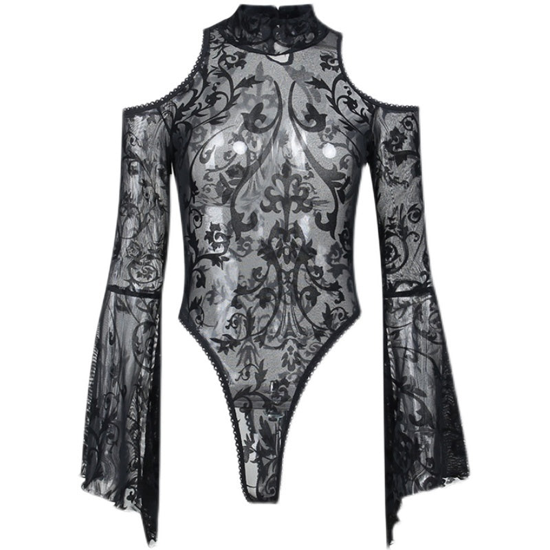 Triangle Jumpsuit Europe And The United States Lace Mesh Trumpet Sleeves